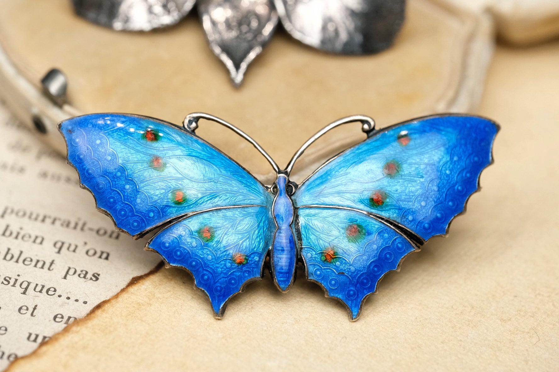 c. 1910 sterling silver enamel peacock-feather butterfly brooch front view