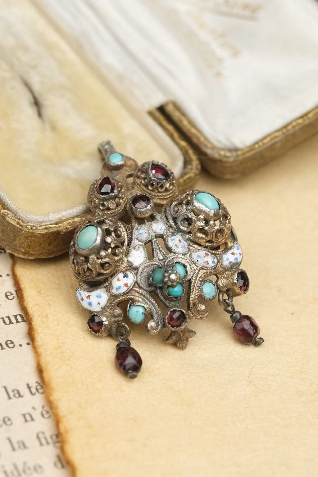 Austria-Hungary silver-gilt enamel turquoise convertible brooch pendant upper stones and enamel