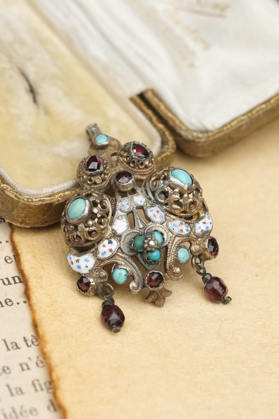 Austria-Hungary silver-gilt enamel turquoise convertible brooch pendant upper stones and enamel