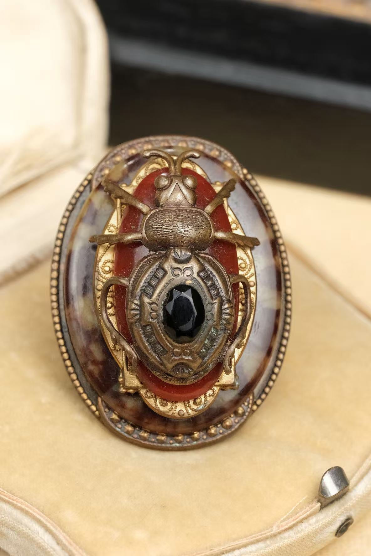 possible Czech or Bohemian Egyptian Revival mottled glass scarab convertible brooch pendant scarab detail