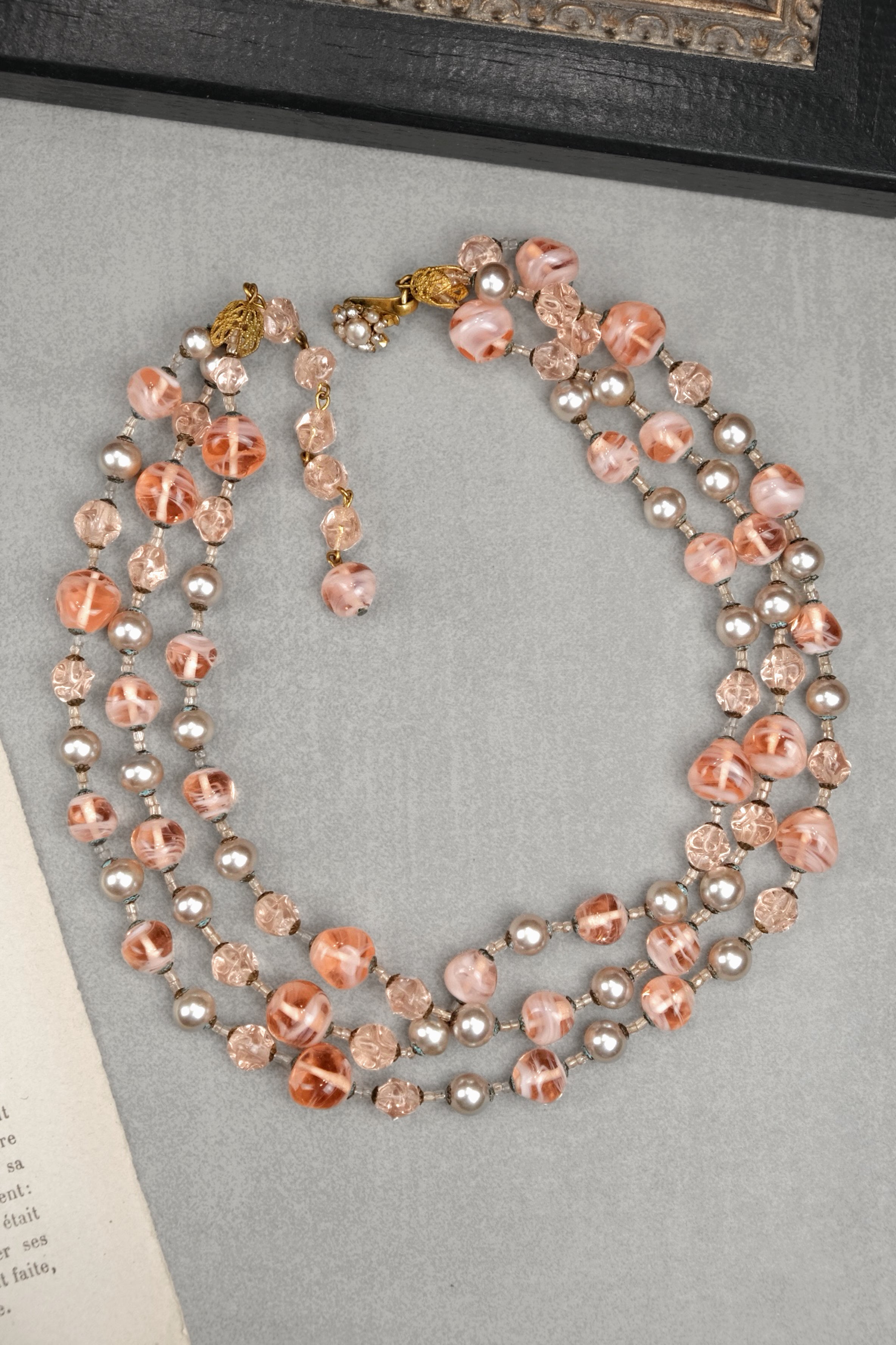 Vintage Miriam Haskell Signed Pink Art Glass & Glass Pearl Triple Strand Necklace
