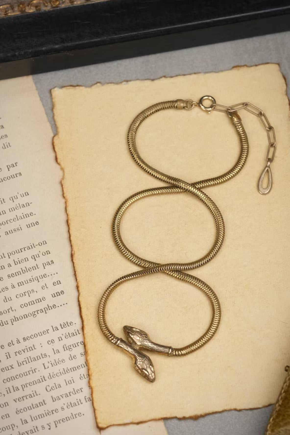 circa 1930s gold-plated double-headed snake necklace full view