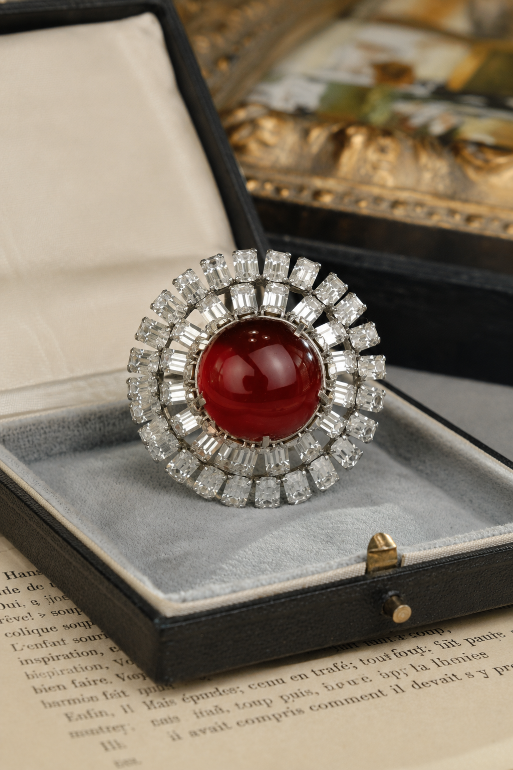 Vintage Roger Jean Pierre French DEPOSE Fur Clip | Large Ruby Red Glass Cabochon & Baguette Rhinestone Brooch | 1950s Couture Jewelry