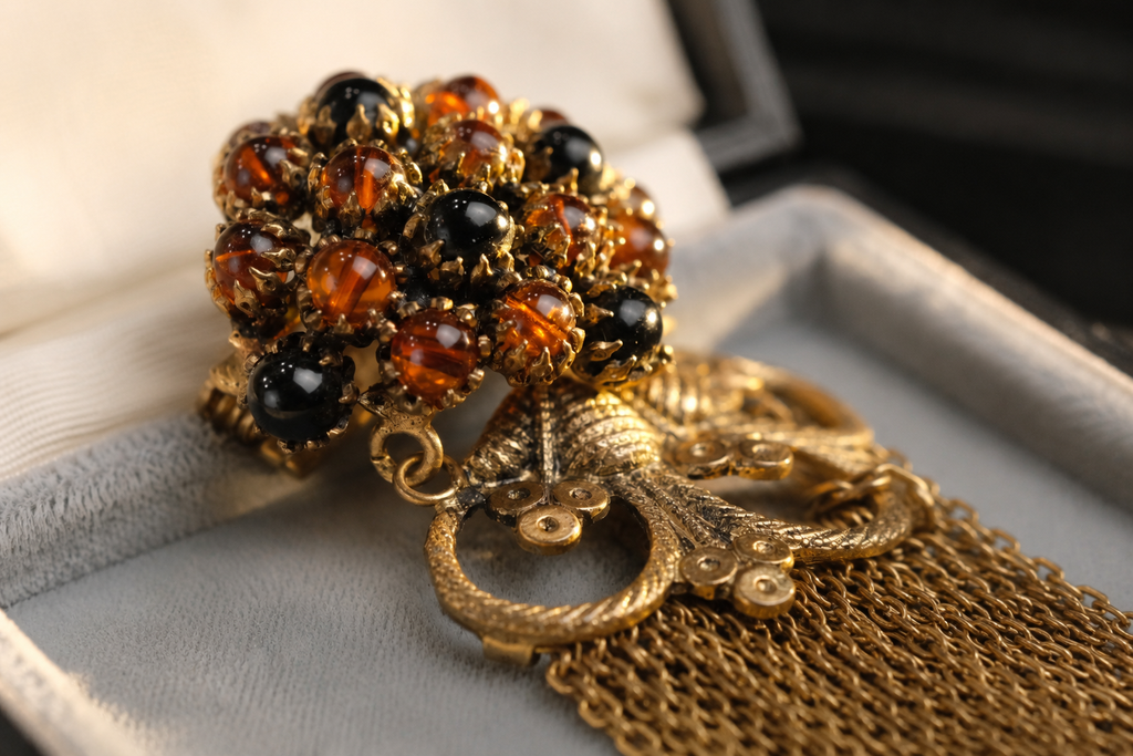 Vintage Unsigned French Tassel Brooch with Black Amber Glass Beads