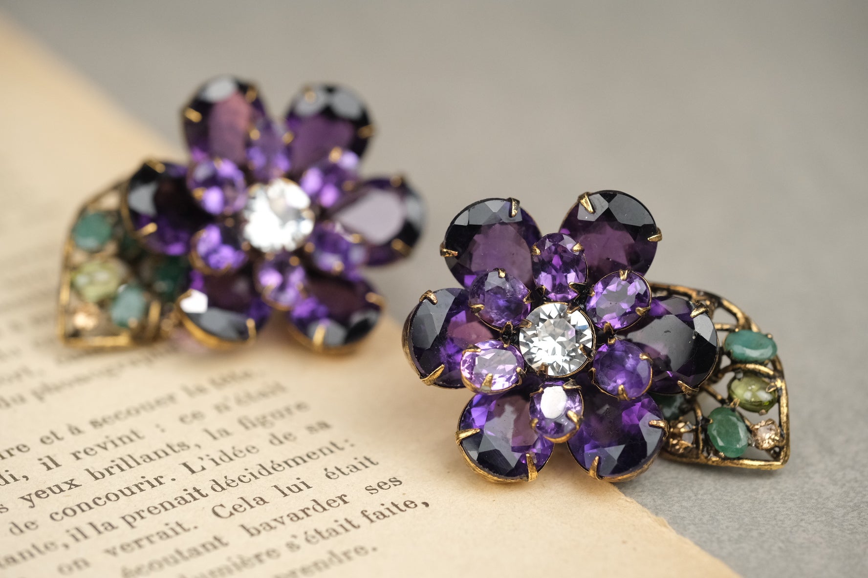 Vintage Iradj Moini Amethyst & Gemstone Floral Clip On Earrings
