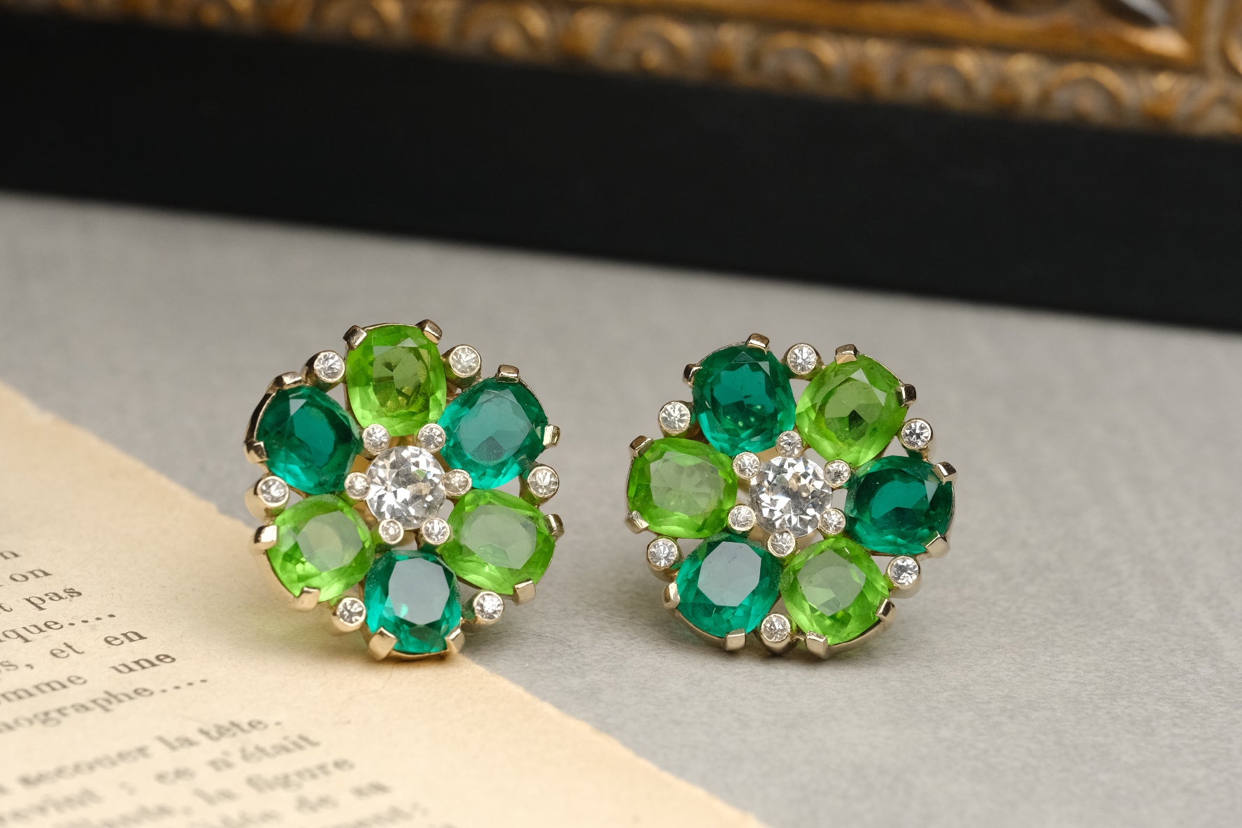 Vintage JOMAZ Green Crystal Floral Clip On Earrings