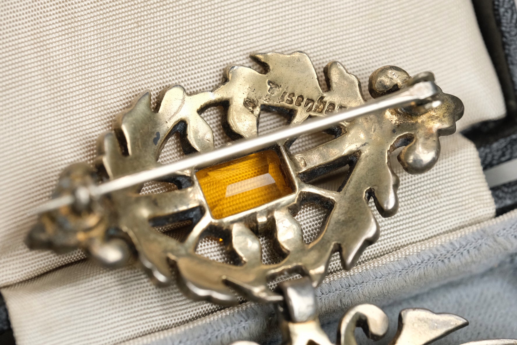 Vintage Eisenberg Original Sterling Silver Vermeil Topaz Glass Dangle Brooch
