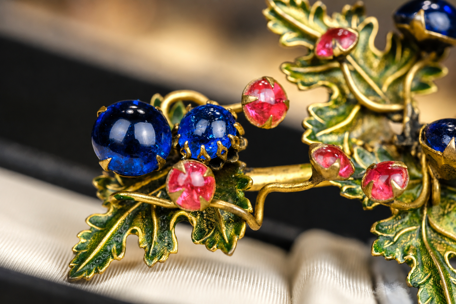 Vintage Cissy Zoltowska Crackled Glass Botanical Brooch With Enamel Leaves