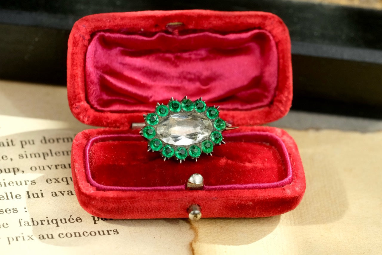 Georgian early 19th-century tested 9K gold green paste and likely rock crystal brooch front view