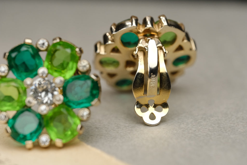 Vintage JOMAZ Green Crystal Floral Clip On Earrings