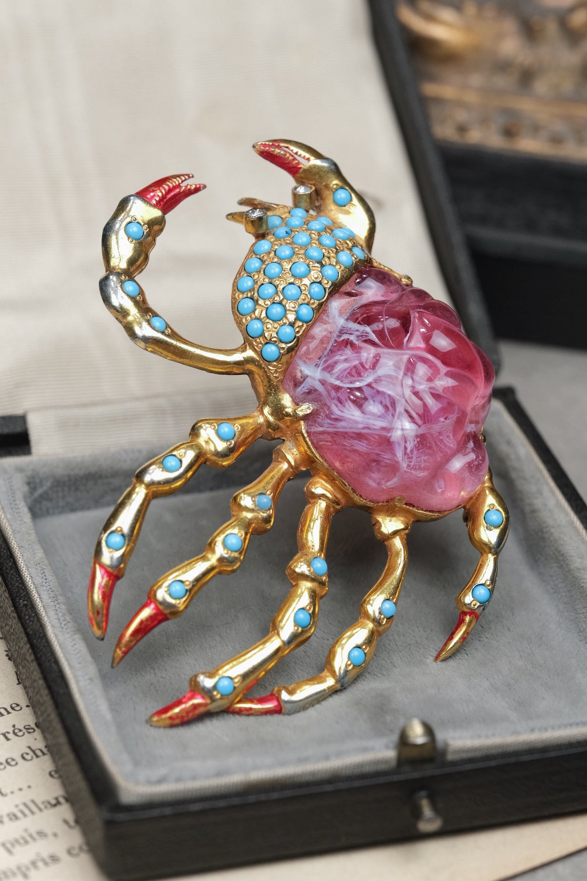 Rare Early 1940s Hattie Carnegie HC Signed Pink Molded Glass Crab Brooch With Turquoise Cabochons And Enamel