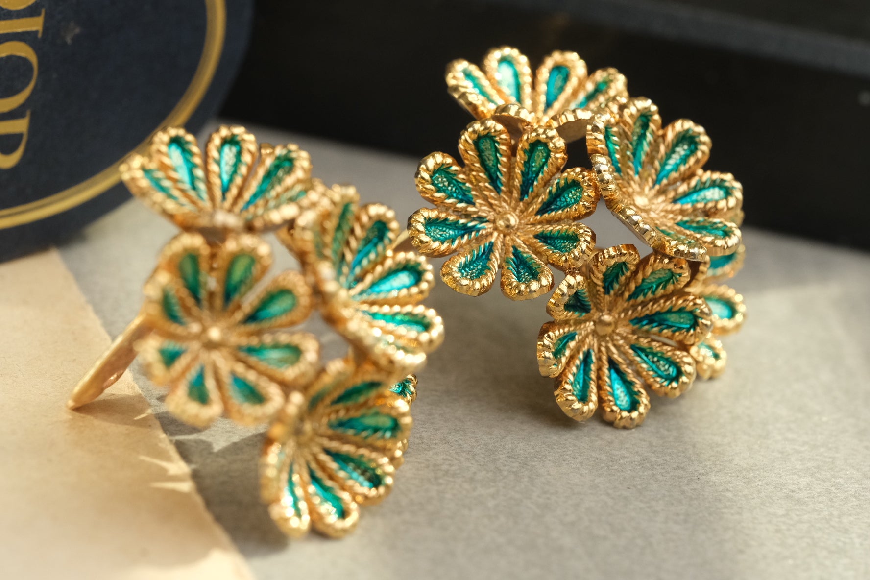 Vintage 1967 Christian Dior Germany Enamel Floral Cluster Clip On Earrings