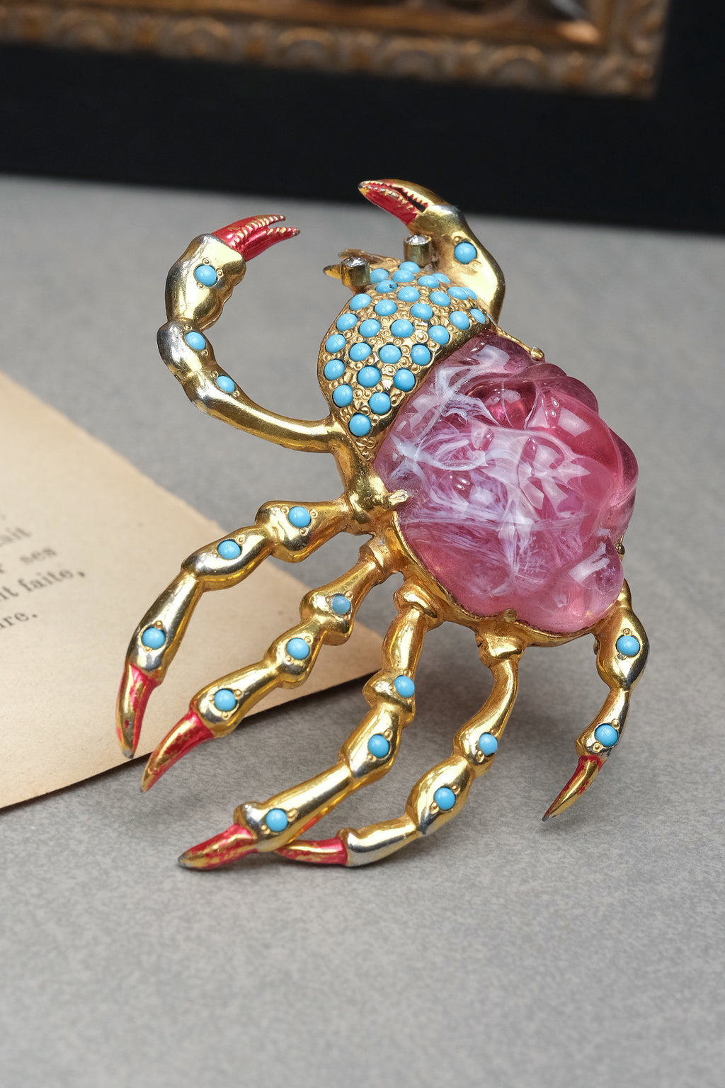Rare Early 1940s Hattie Carnegie HC Signed Pink Molded Glass Crab Brooch With Turquoise Cabochons And Enamel