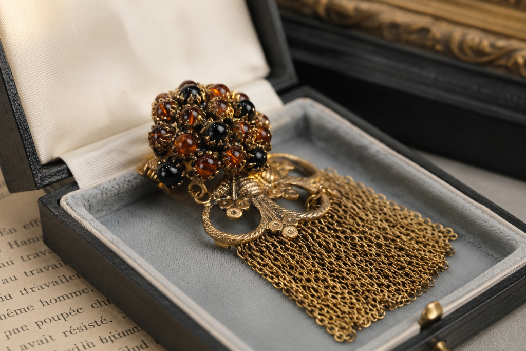 Vintage Unsigned French Tassel Brooch with Black Amber Glass Beads