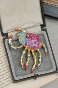 Rare Early 1940s Hattie Carnegie HC Signed Pink Molded Glass Crab Brooch With Turquoise Cabochons And Enamel