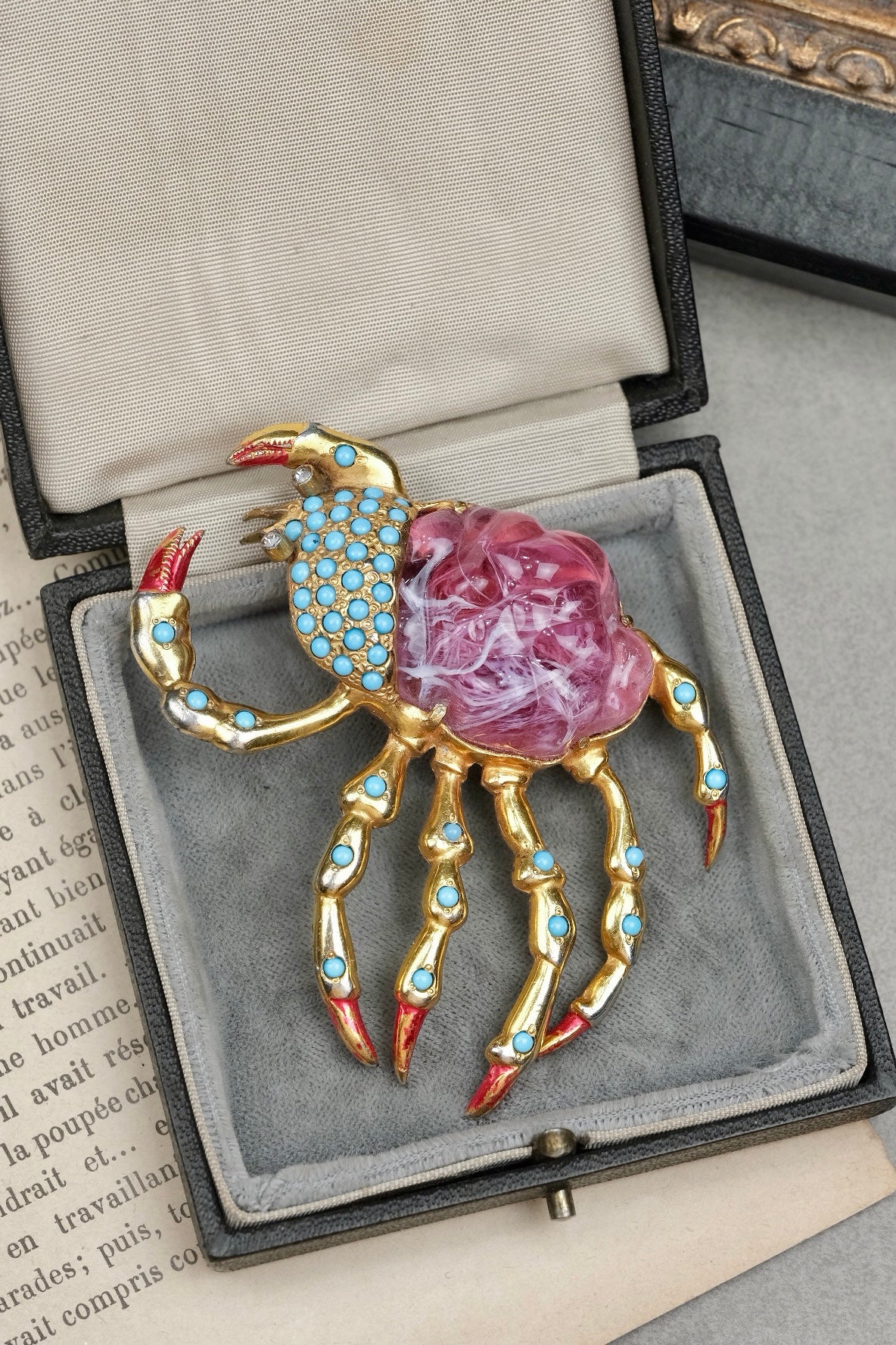 Rare Early 1940s Hattie Carnegie HC Signed Pink Molded Glass Crab Brooch With Turquoise Cabochons And Enamel