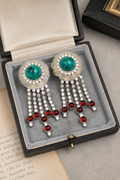 Vintage William DeLillo Art Deco Clip On Earrings with Green & Red Cabochons
