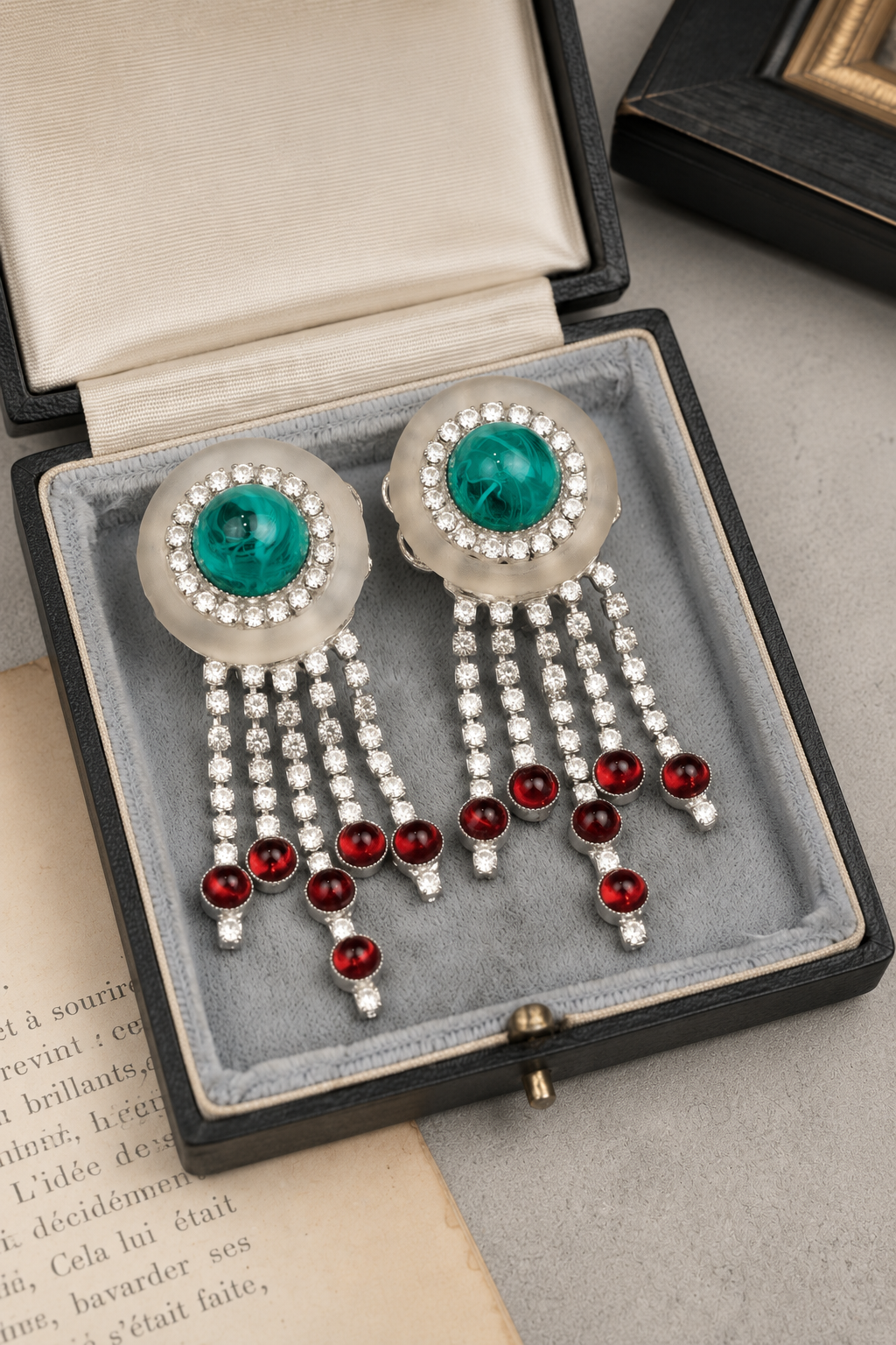 Vintage William DeLillo Art Deco Clip On Earrings with Green & Red Cabochons