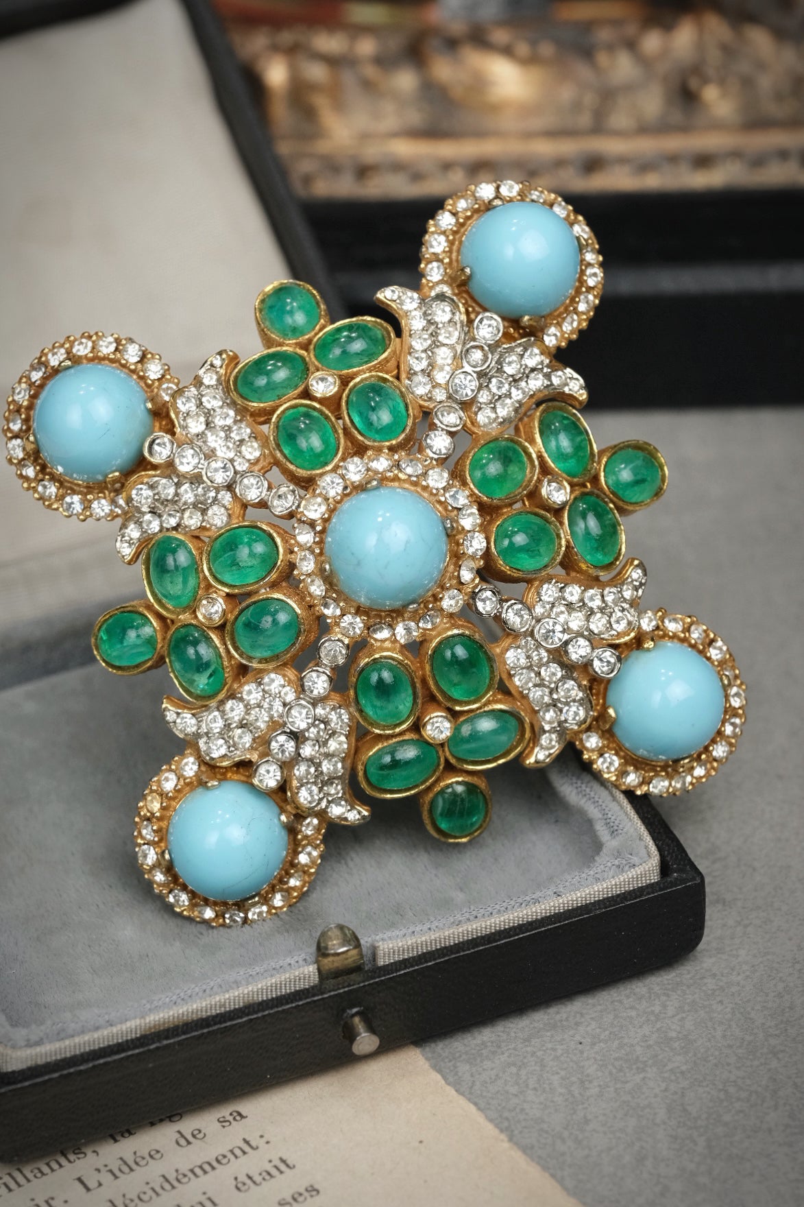 Rare 1960s Kenneth Jay Lane KJL Signed Maltese Cross Brooch – Faux Turquoise Glass and Emerald Green Cabochons with Rhinestones