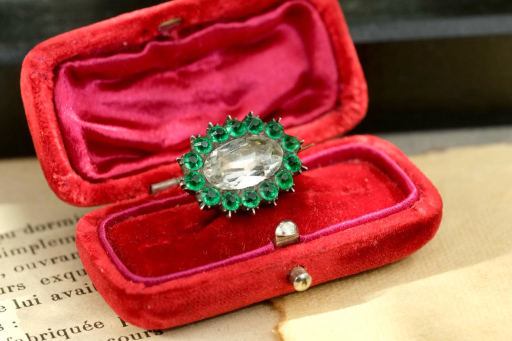 Georgian early 19th-century tested 9K gold green paste and likely rock crystal brooch angled view