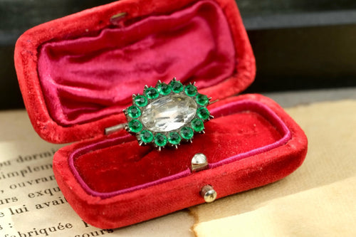 Georgian early 19th-century tested 9K gold green paste and likely rock crystal brooch angled view
