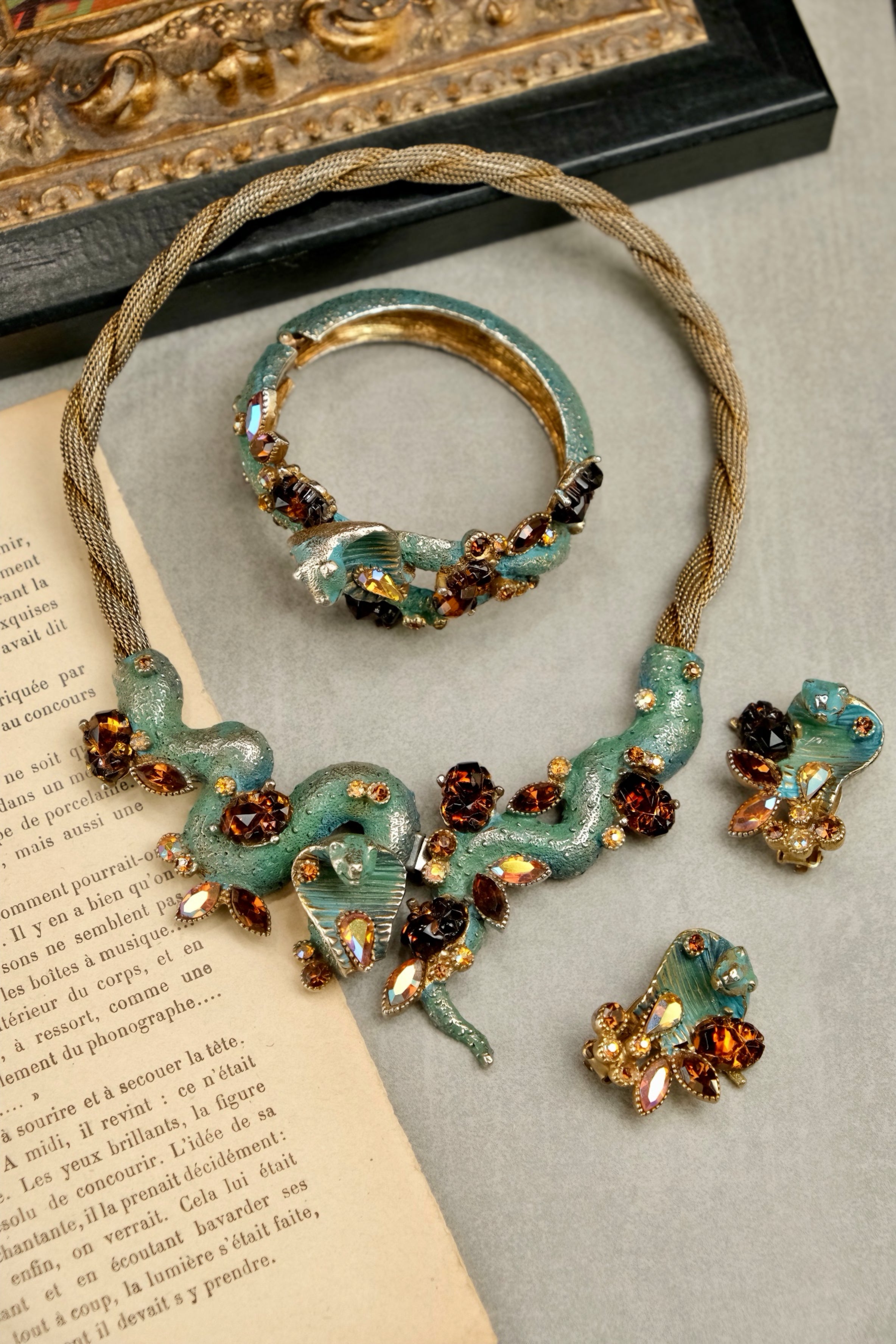 Rare vintage HAR snake jewelry parure with necklace, bracelet and clip-on earrings