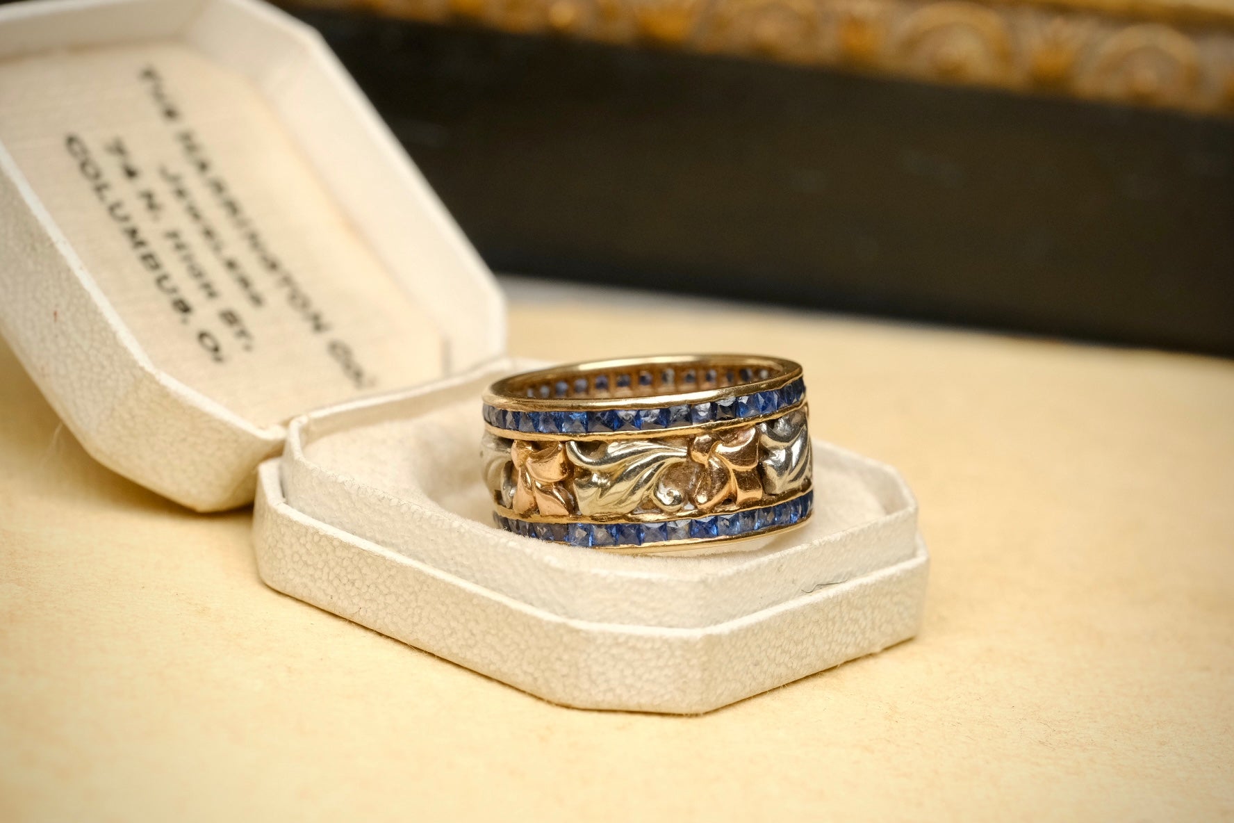 Front view of sapphire floral ring