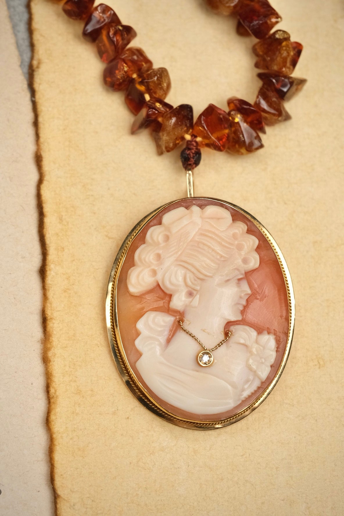 Cameo Habillé 14K gold diamond pendant brooch with Baltic amber necklace
