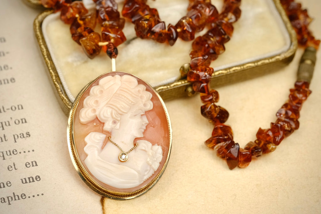 Cameo Habillé 14K gold diamond pendant brooch with Baltic amber necklace