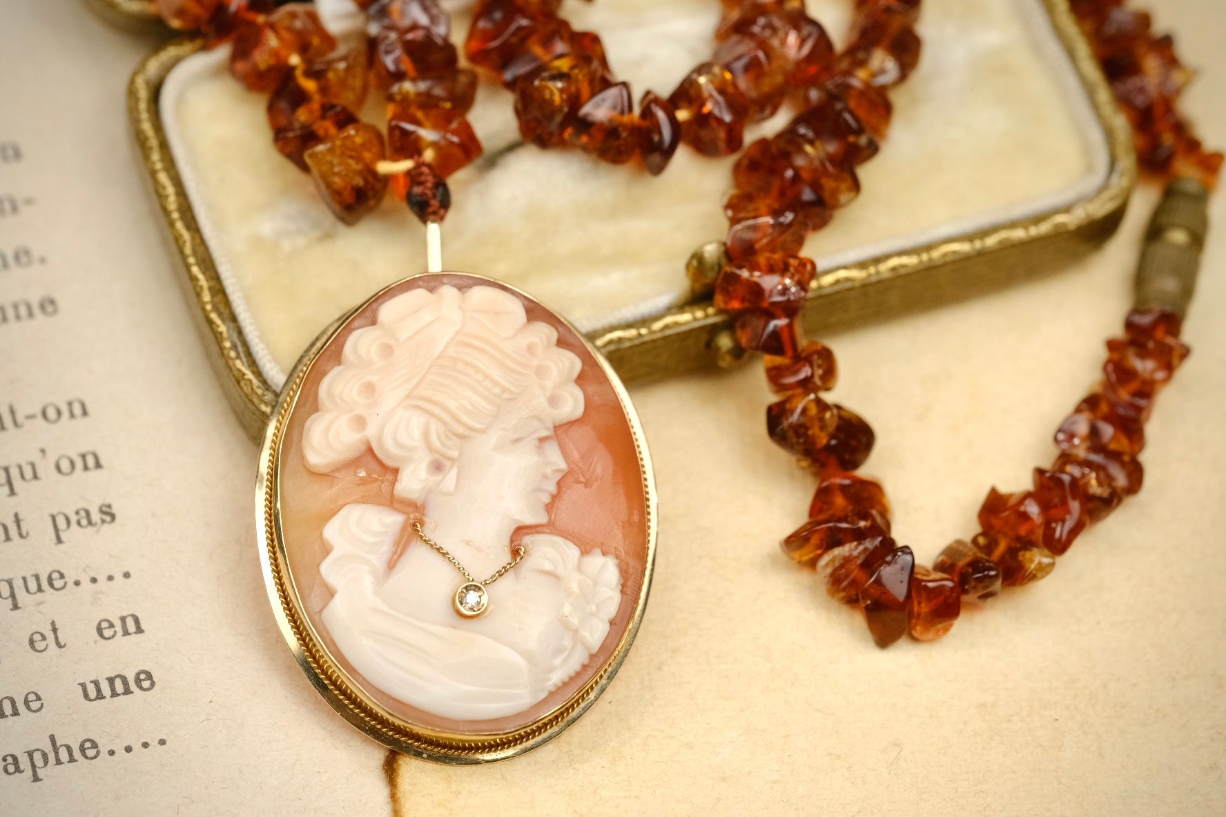 Cameo Habillé 14K gold diamond pendant brooch with Baltic amber necklace