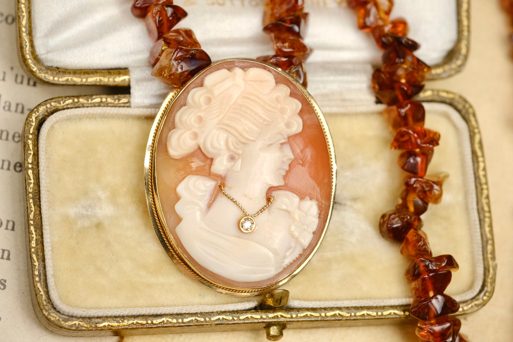 Cameo Habillé 14K gold diamond pendant brooch with Baltic amber necklace