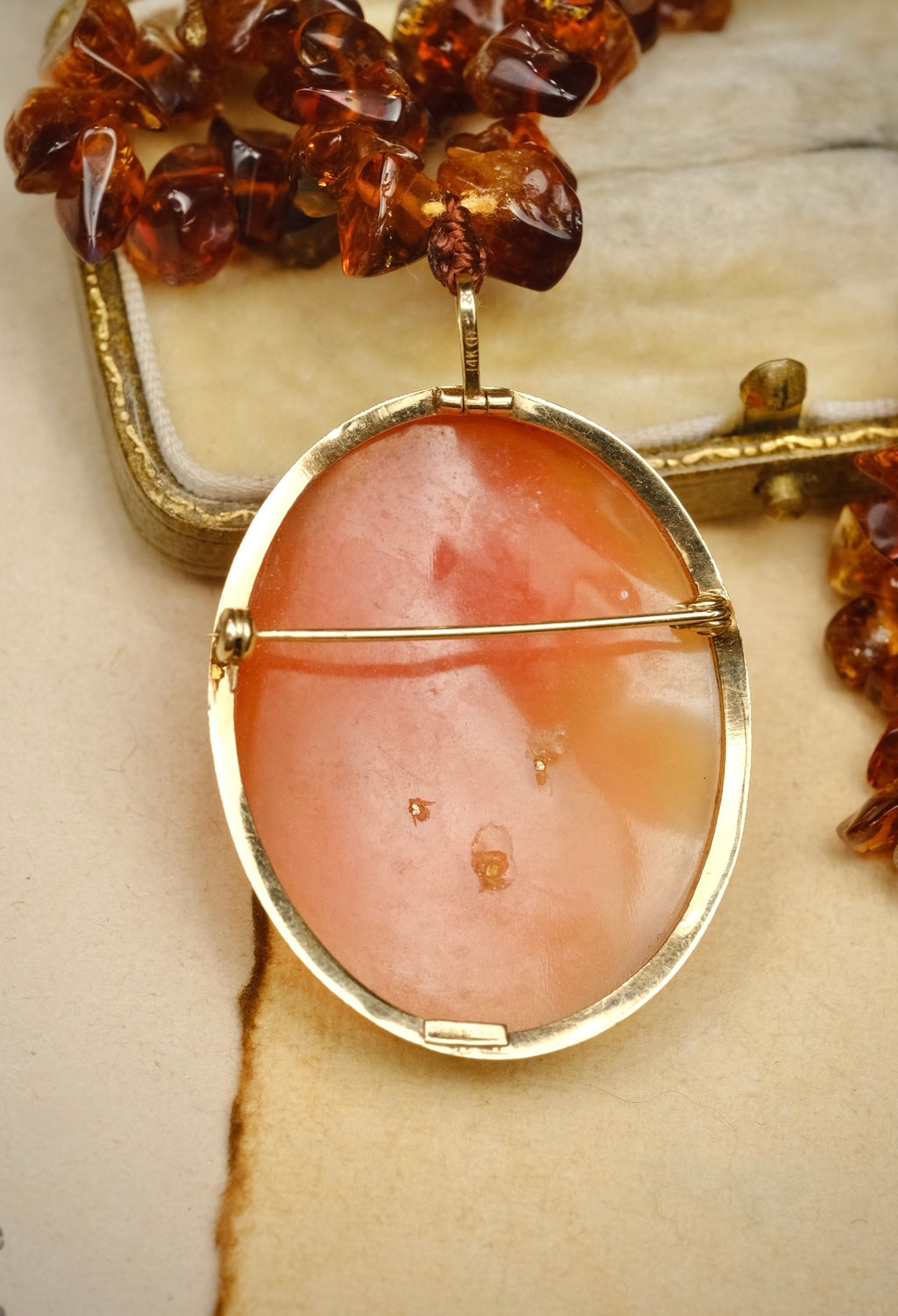 Cameo Habillé 14K gold diamond pendant brooch with Baltic amber necklace