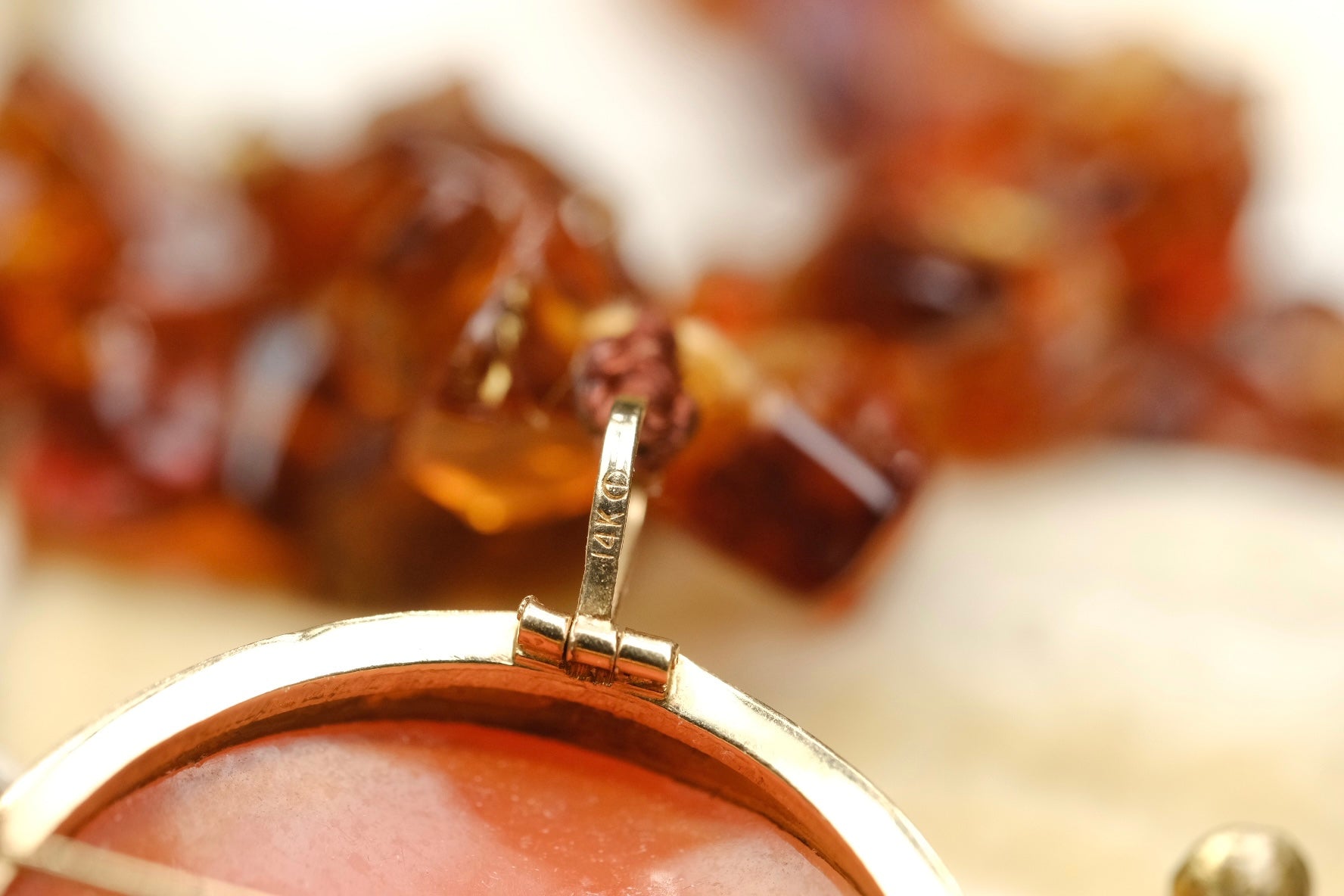 Cameo Habillé 14K gold diamond pendant brooch with Baltic amber necklace