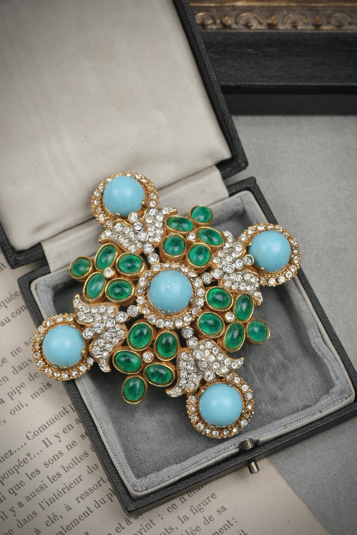 Rare 1960s Kenneth Jay Lane KJL Signed Maltese Cross Brooch – Faux Turquoise Glass and Emerald Green Cabochons with Rhinestones