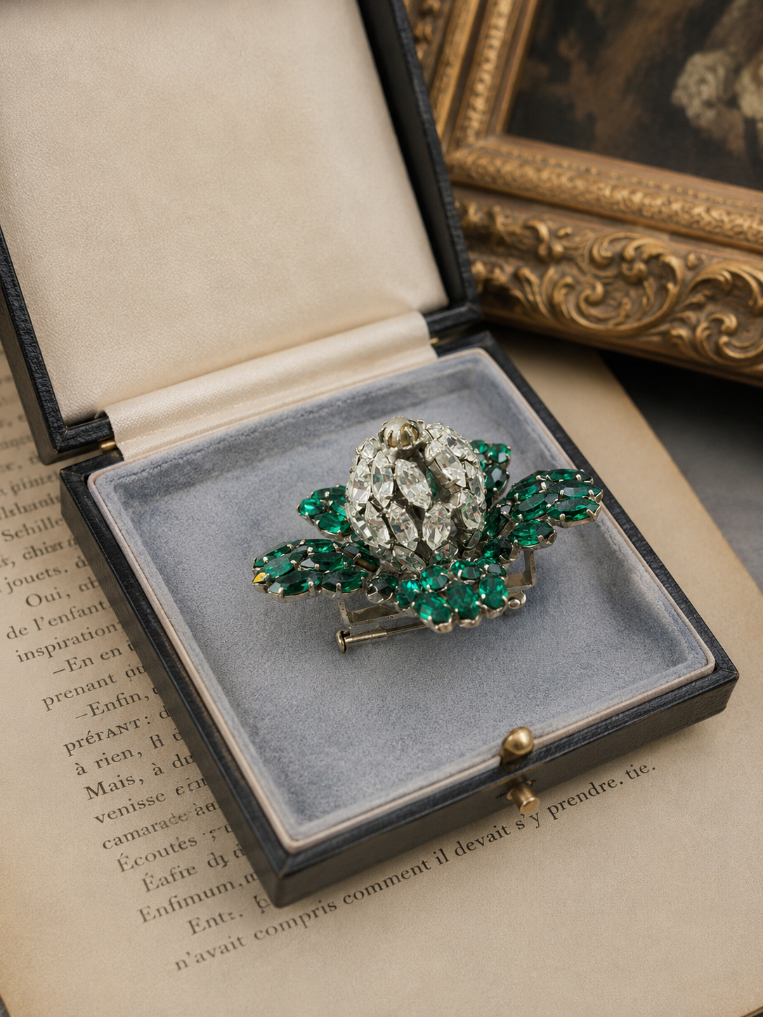 Vintage Roger Jean Pierre Emerald Green Rhinestone Flower Brooch | France | c.1950s–1960s