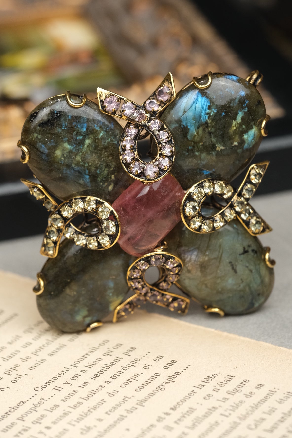 Vintage Iradj Moini Labradorite Pink Gemstone Brooch/Pendant