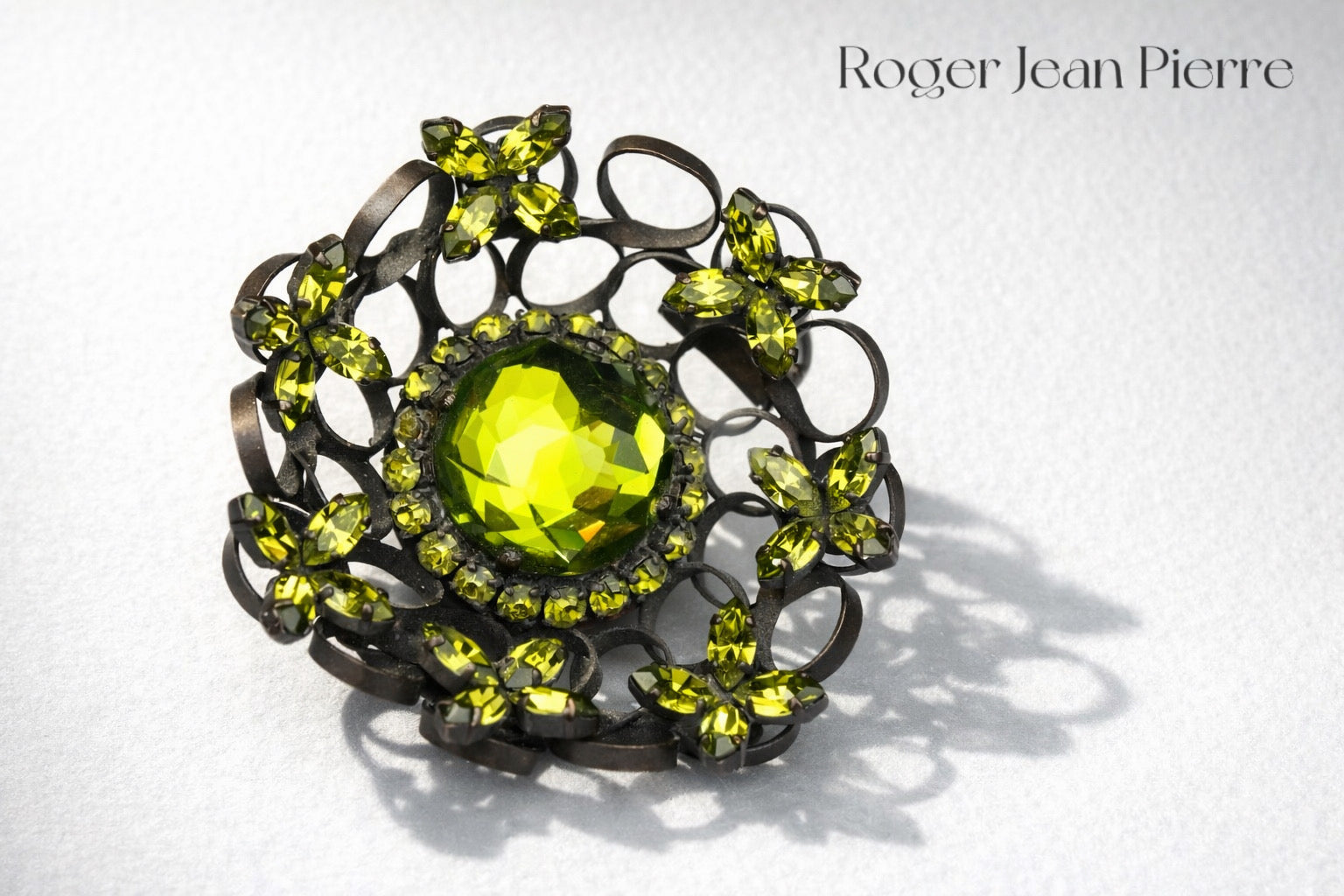 Vintage Roger Jean Pierre Depose signed Olive Green Crystal Clover Fur Clip/Brooch