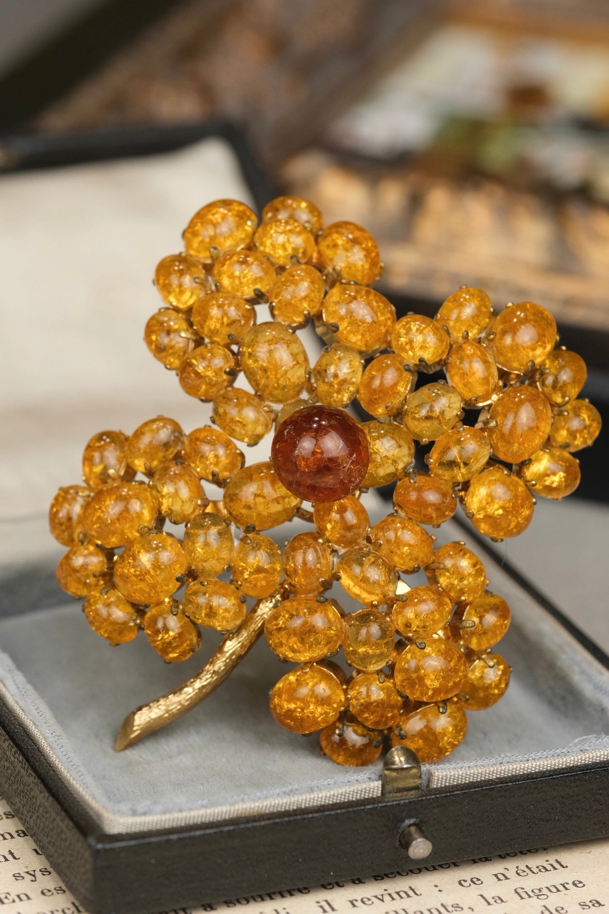Vintage 1966 Christian Dior Crackled Glass Clover Brooch