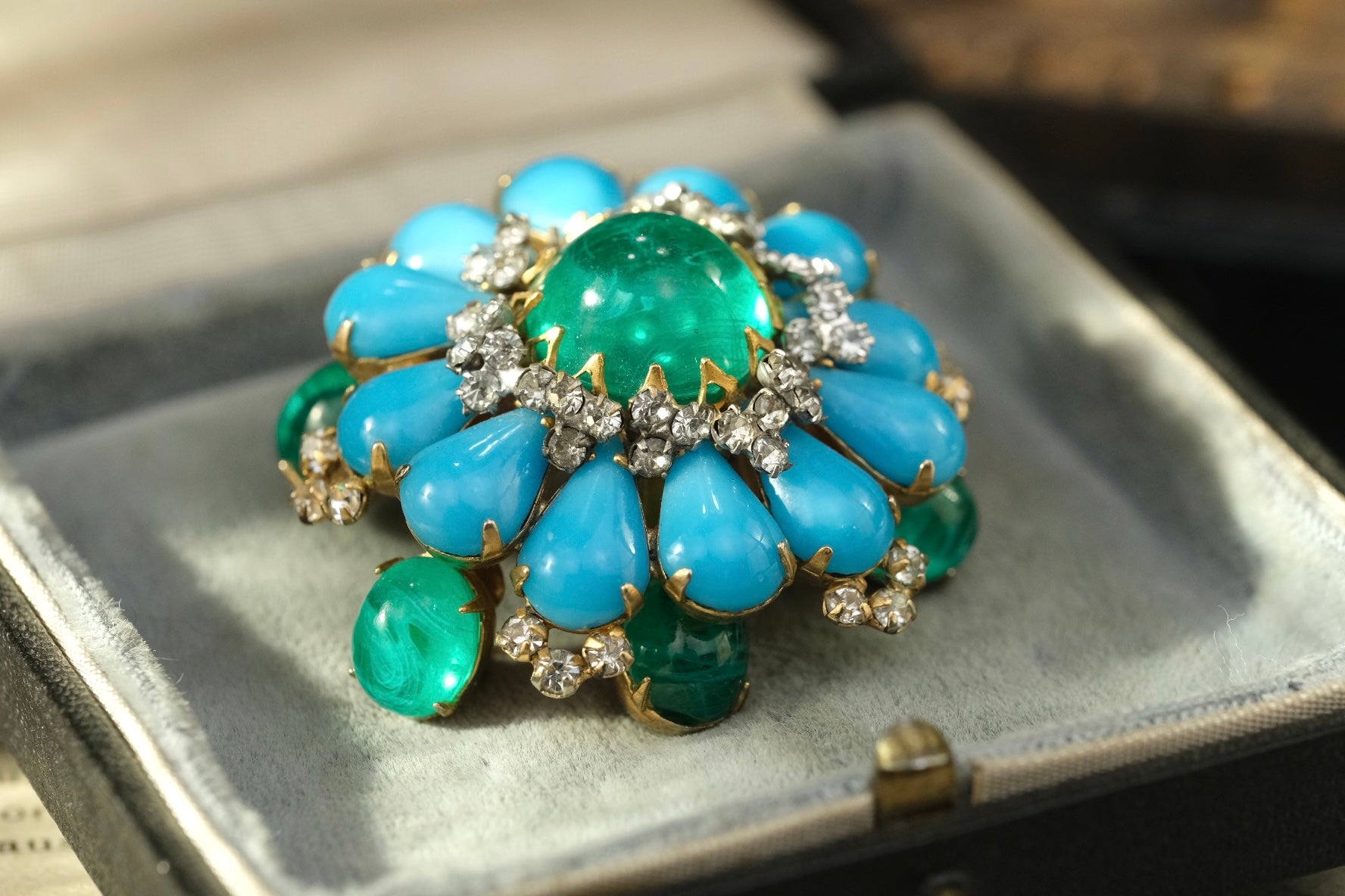 Vintage SCAASI Signed Emerald Green Flawed Cabochon Glass & Faux Turquoise Stones Floral Brooch