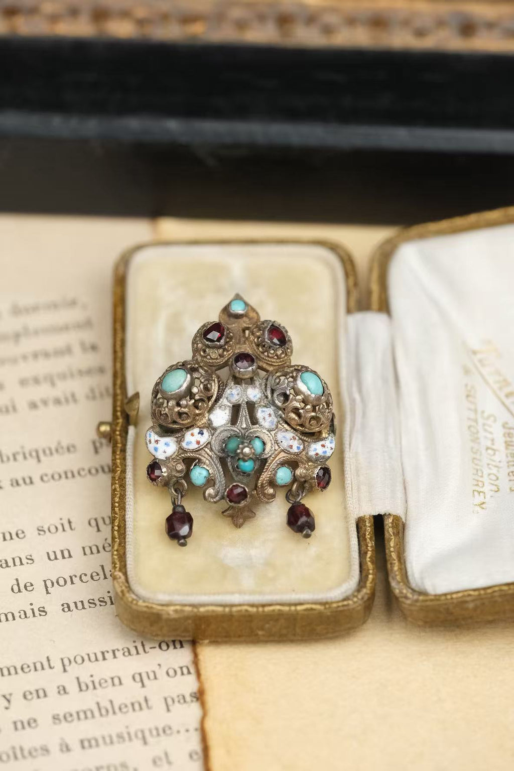 Austria-Hungary silver-gilt enamel turquoise convertible brooch pendant front view
