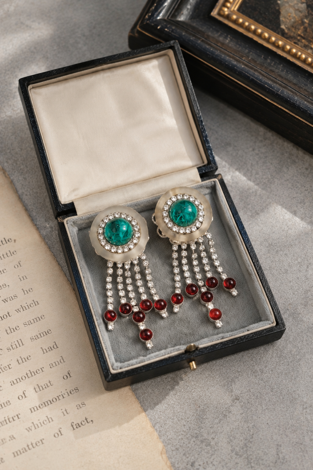 Vintage William DeLillo Art Deco Clip On Earrings with Green & Red Cabochons