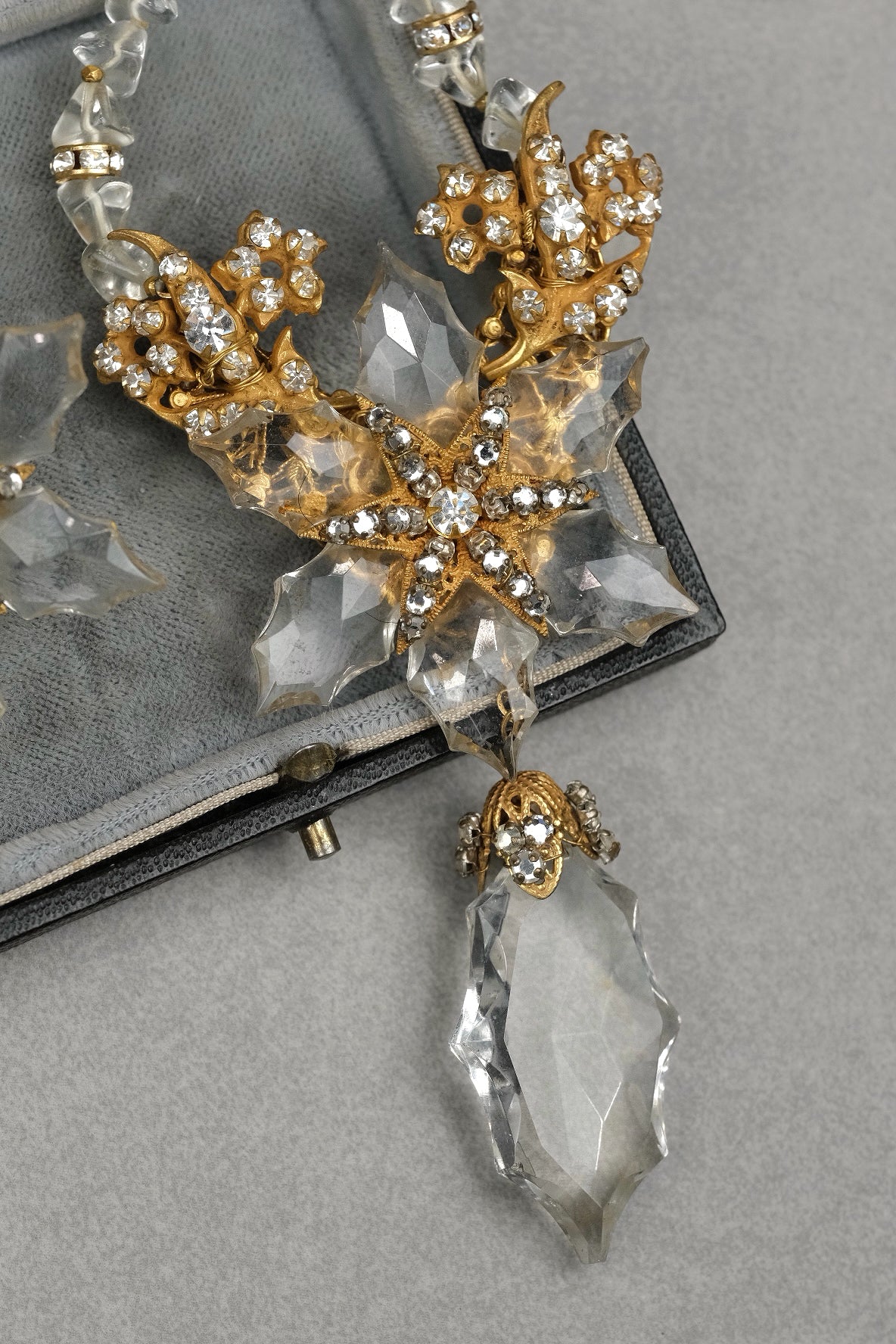RARE Vintage 1940s Frank Hess for Miriam Haskell Signed Crystal Snowflake Long Necklace & Clip-On Earrings Set