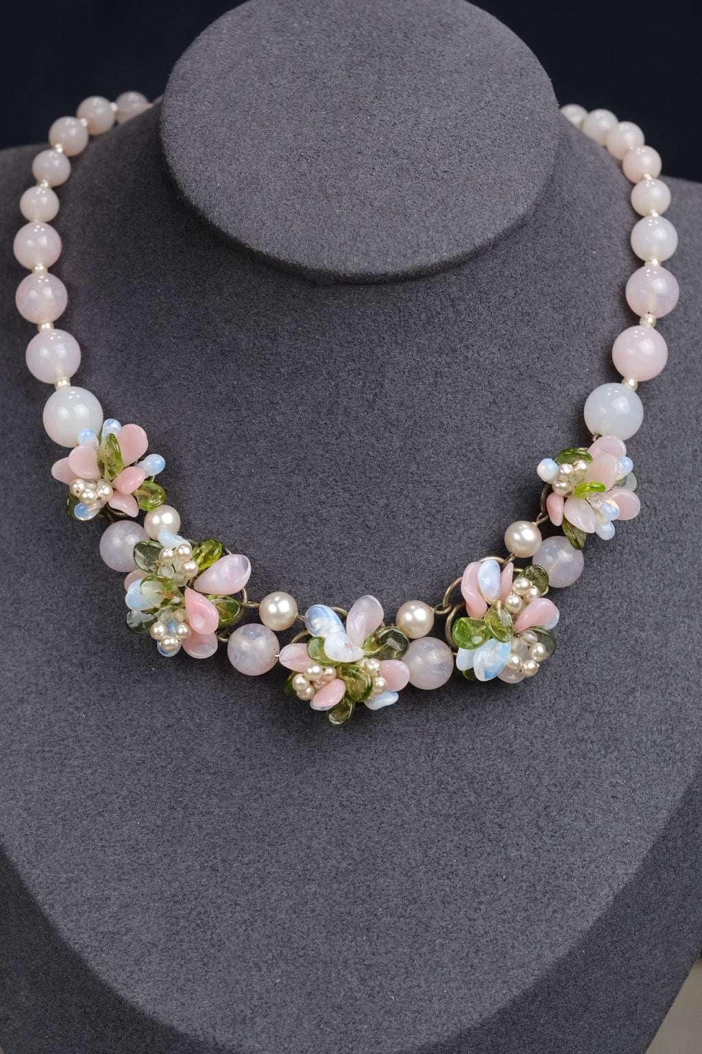 Vintage Louis Rousselet Pink Green Glass Necklace Earring Set
