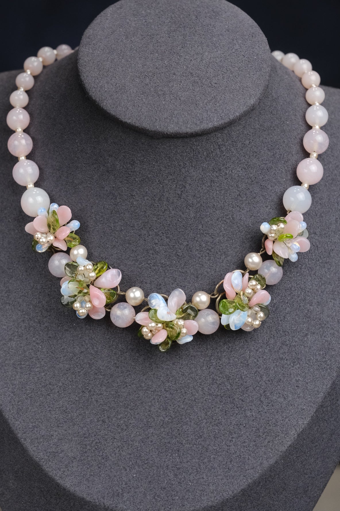 Vintage Louis Rousselet Pink Green Glass Necklace Earring Set