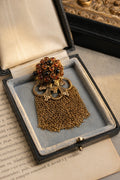 Vintage Unsigned French Tassel Brooch with Black Amber Glass Beads