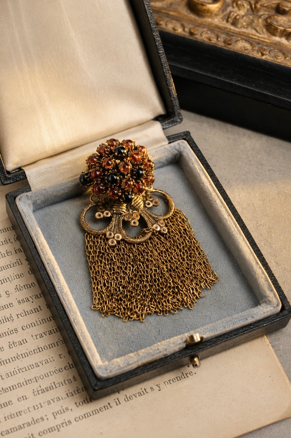 Vintage Unsigned French Tassel Brooch with Black Amber Glass Beads