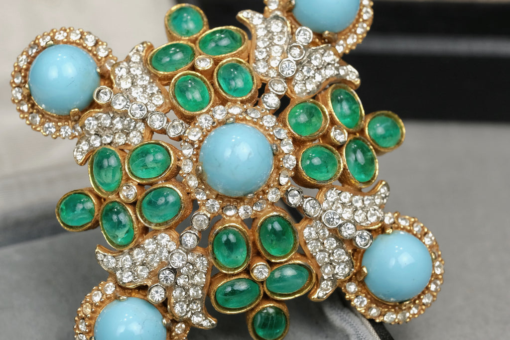 Rare 1960s Kenneth Jay Lane KJL Signed Maltese Cross Brooch – Faux Turquoise Glass and Emerald Green Cabochons with Rhinestones