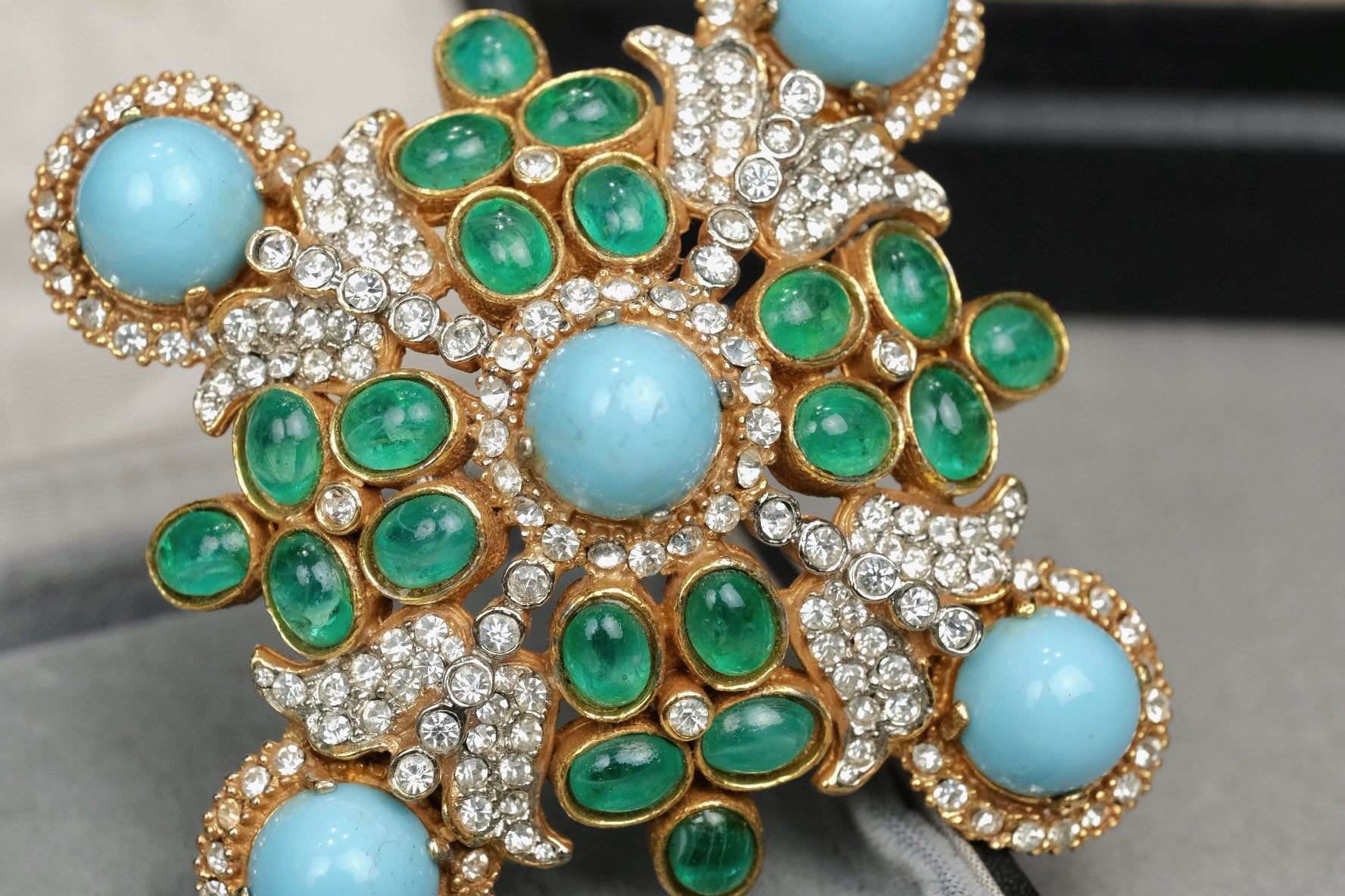 Rare 1960s Kenneth Jay Lane KJL Signed Maltese Cross Brooch – Faux Turquoise Glass and Emerald Green Cabochons with Rhinestones