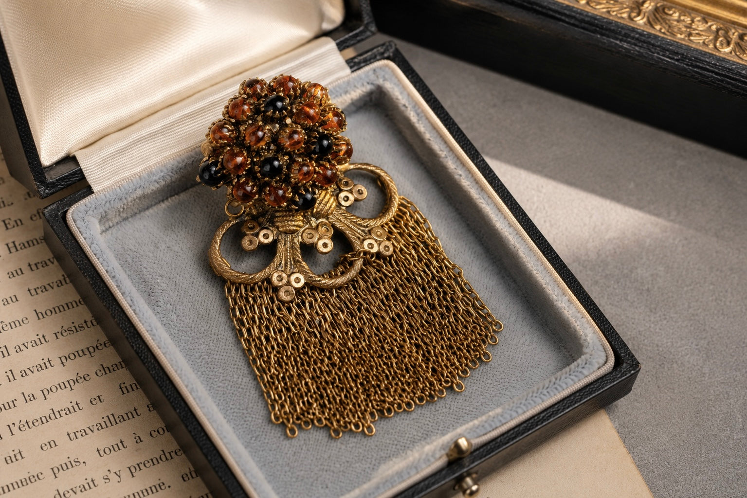 Vintage Unsigned French Tassel Brooch with Black Amber Glass Beads