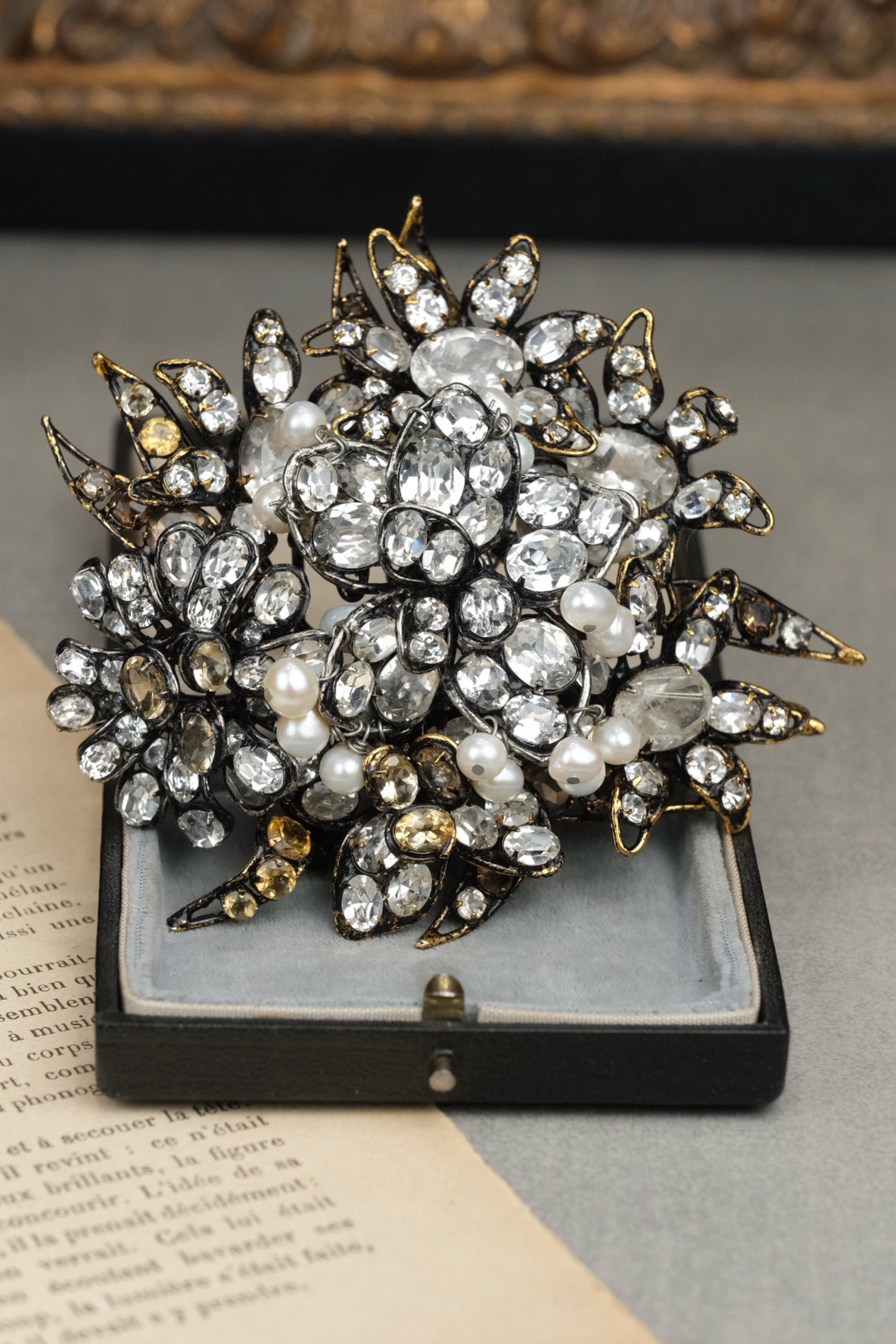 Vintage Iradj Moini Signed Giant Crystal Brooch with Natural Rock Crystal, Citrine & Pearls